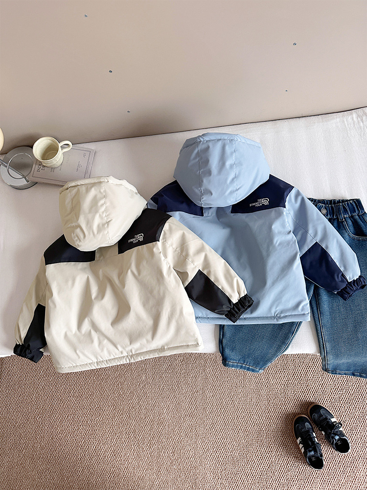 Wind Valley 2025 nuevo invierno para niños coreanos color contrastante chaqueta de plumón chaqueta de asalto con capuz chaqueta gruesa image 6