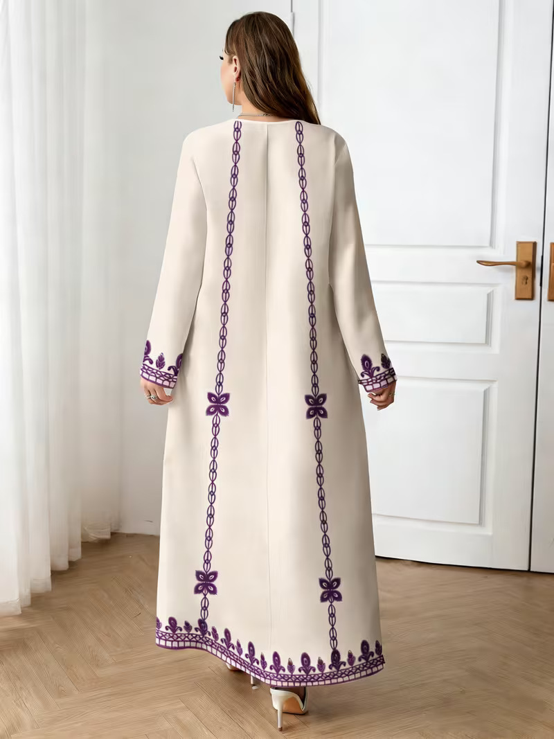 Middle Eastern Cross-border Muslim Women's V-neck Printed Loose Elegant Robe Ethnic Style Long-sleeved Dress Custom-made_ecoleips.com