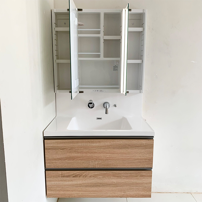 Japanese-Style Storage Bathroom Cabinet with Natural Wood Appearance, Artificial Stone High-Back Integrated Basin Washbasin Combination Bathroom Set