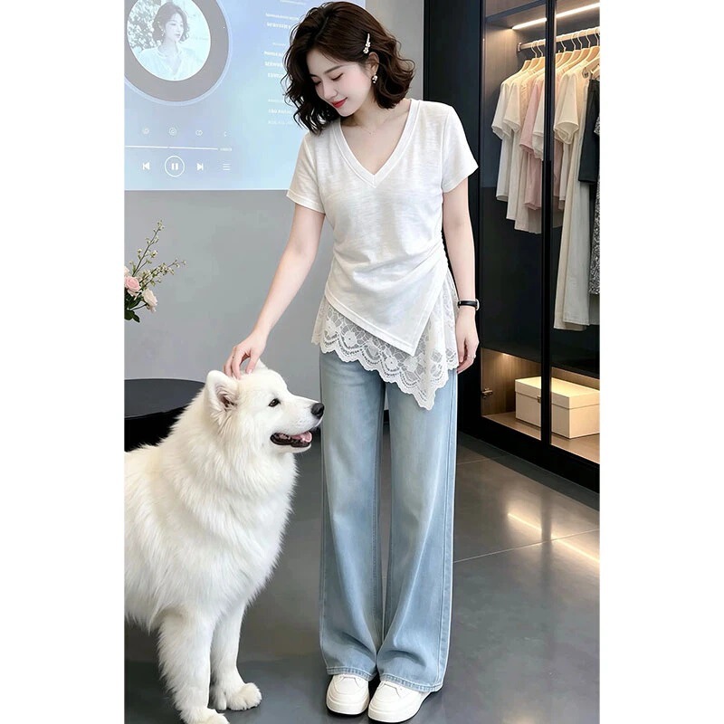 Korean-Style Lace Splicing V-Neck Short-Sleeve T-Shirt for Women, 2026 Summer New Plus-Size Loose Fit Slimming Versatile Top Korean-Style Lace Splicing V-Neck Short-Sleeve T-Shirt for Women, 2026 Summer New Plus-Size Loose Fit Slimming Versatile Top