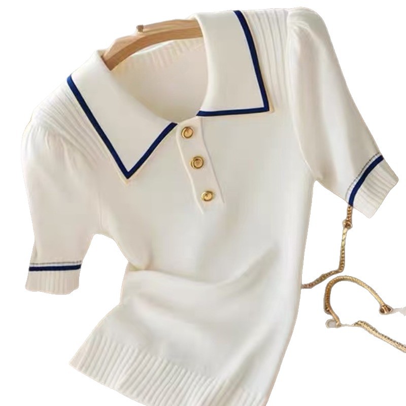 Women's Korean Style Color Block Striped Collared Short Sleeve T-Shirt Youthful Knitwear Top For Summer_ecoleips.com