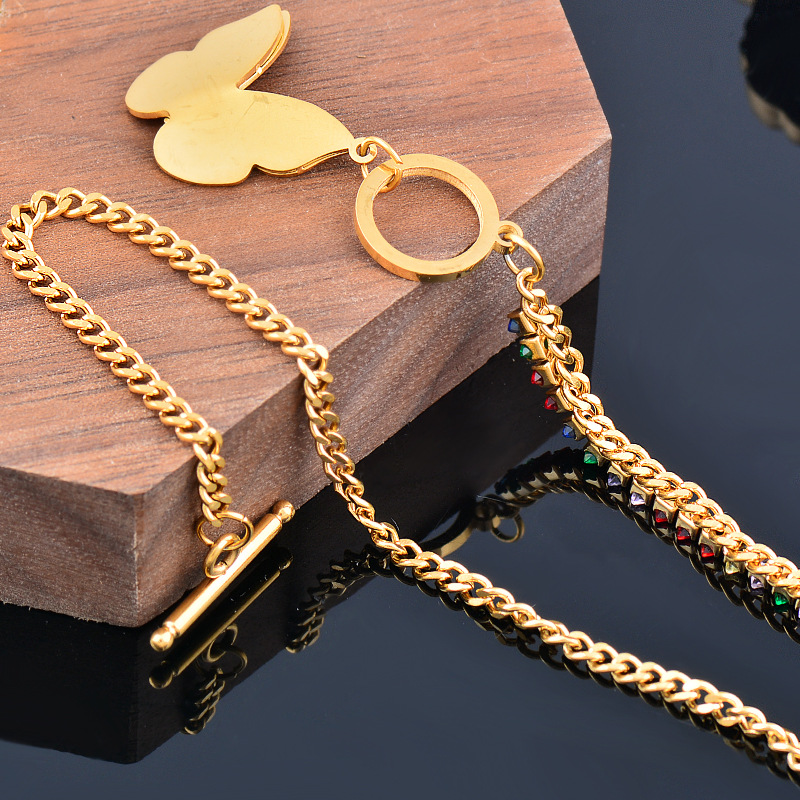 Fashion Butterfly Titanium Steel Inlay Zircon Pendant Necklace 1 Piece