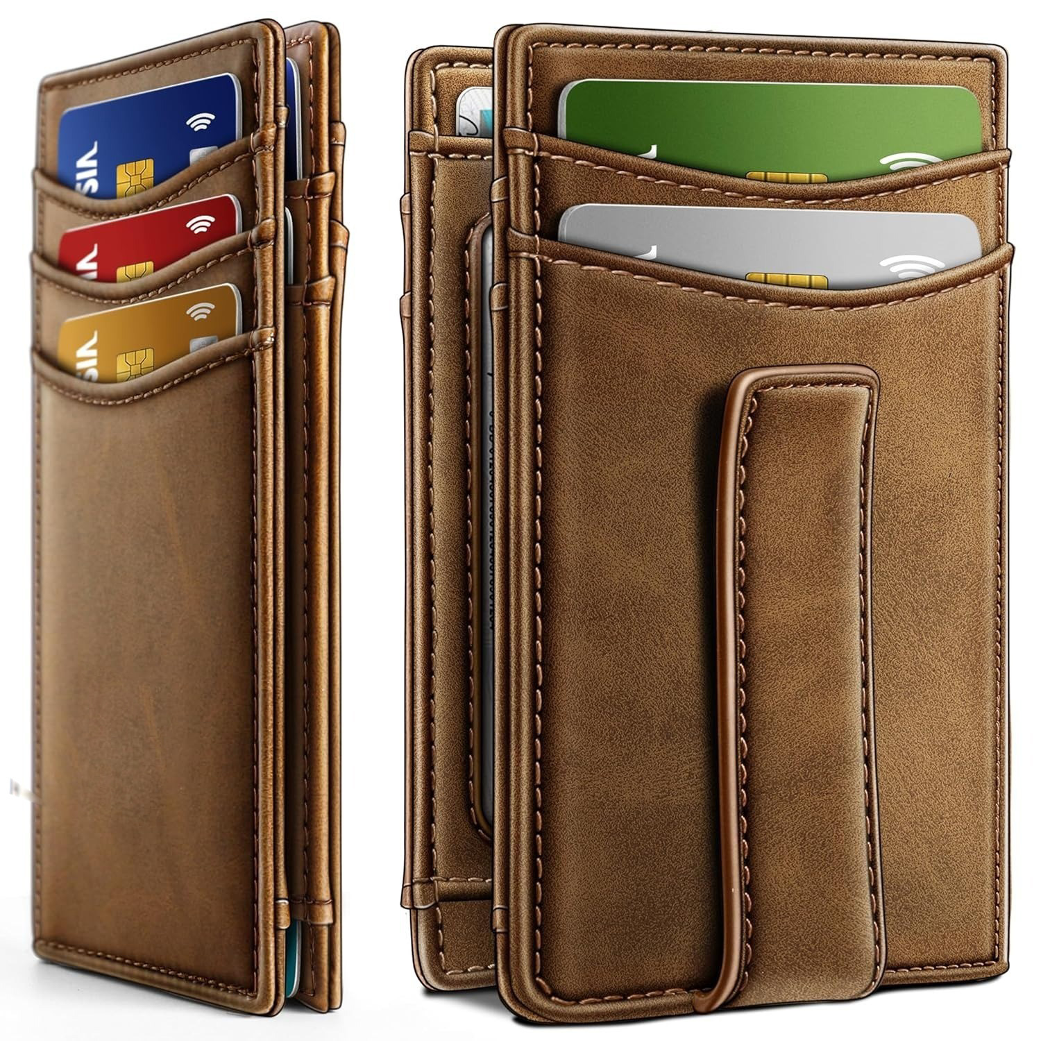 Bolso de tarjeta de cera de aceite súper móvil transfronterizo, clip de billetera, cepillo antirrobo, clip de fibra de carbono, billetera de cuero plegable multifuncional ultrafina