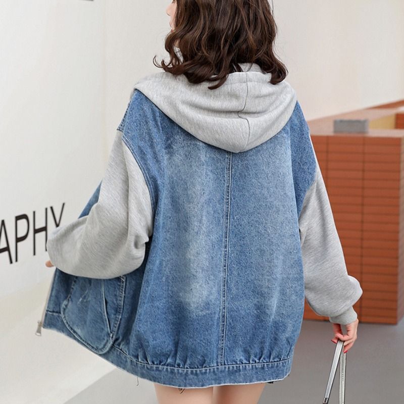 女性用フード付きスプライスデニムジャケット、ゆったり太ったMM、カジュアル痩身と年齢軽減トップス、小柄な人向け、2025春秋の新スタイル|undefined