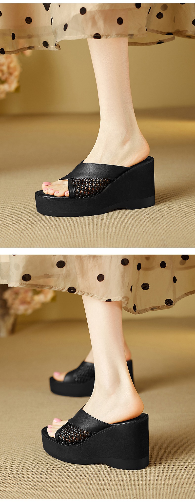 Sandal cao gót nữ mũi cá dày đế xuồng, chất liệu da bò đầu, thiết kế đan rỗng quai ngang — đen chi tiết 5