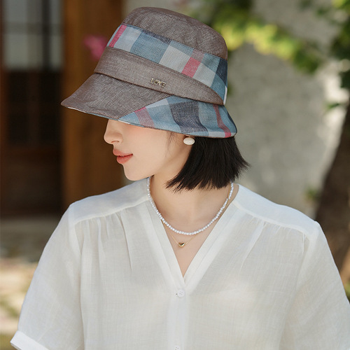 妈妈款春夏季渔夫帽户外出游时尚气质格子盆帽中老年遮阳防晒帽子