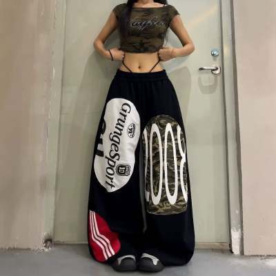 2026 new American retro street style graffiti camouflage patchwork straight-leg pants, unisex wide-leg curved-leg pants, black long pants