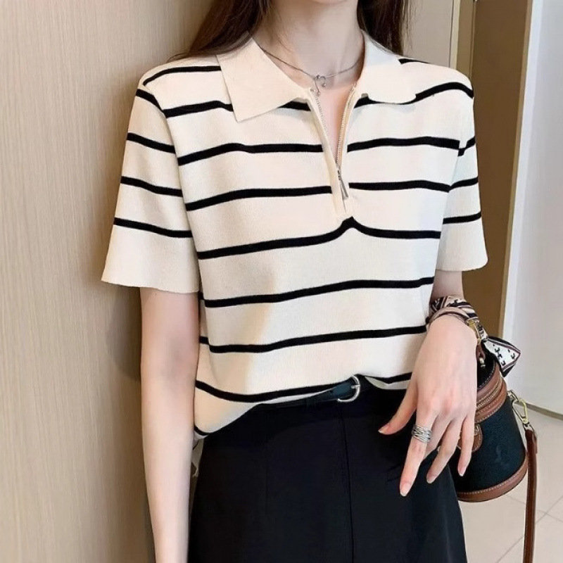 夏季条纹拉链薄款上衣.女2025新款宽松显瘦POLO衫领冰丝短袖T恤|undefined