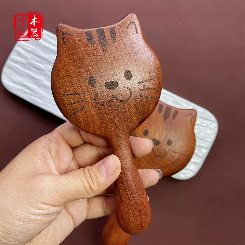 可爱小猫造型檀木钉钉梳檀木按摩梳头皮穴位头疗经络按摩长把梳
