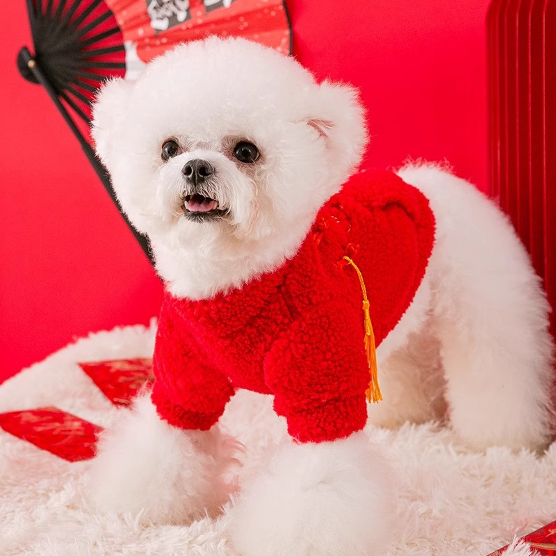 Festival de primavera orejas de trigo nudo chino perro pequeño suéter de dos patas primavera y otoño ropa para perros mascotas al por mayor