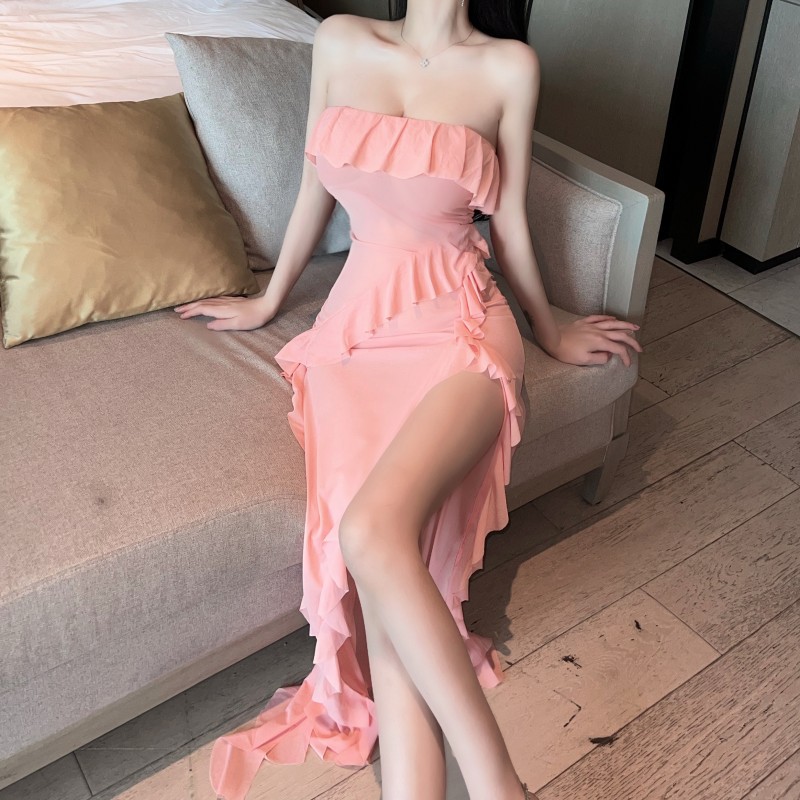 晚礼服长裙女高级感夜店法式超仙荷叶边性感一字肩绝美抹胸连衣裙