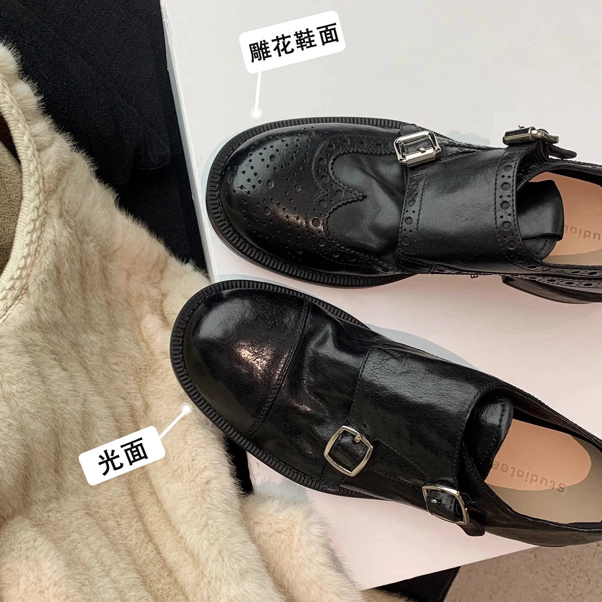 В наличии ~ Женские кожаные туфли нового дизайна с двойной пряжкой, круглым носком и массивным каблуком, универсальные лоферы в британском стиле, оксфорды, одинарные туфли.