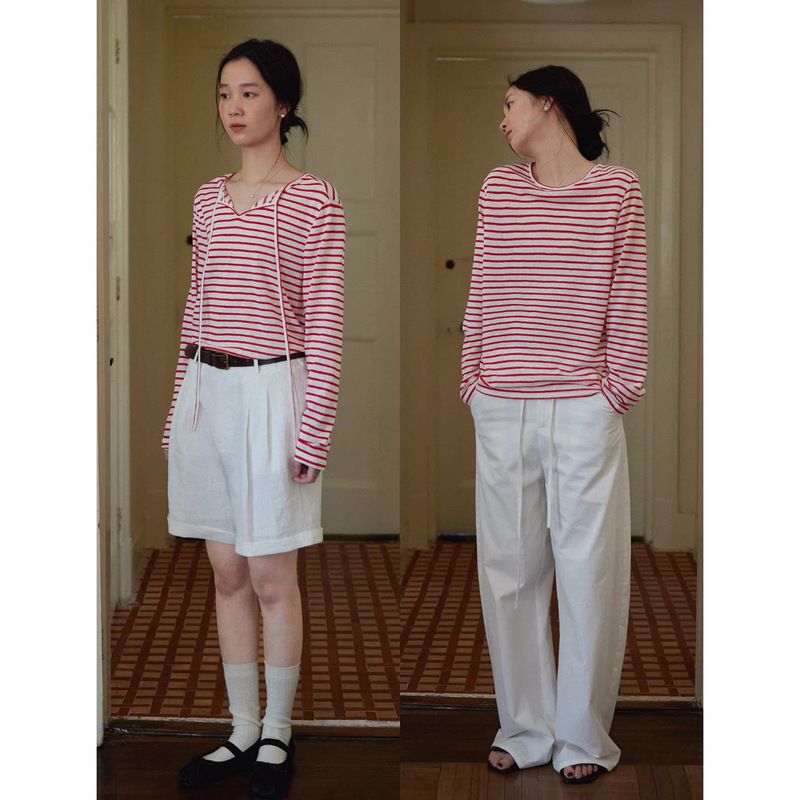【Jomi Studio】2025Ss Snowflake-Like Striped Reversible Lace-Up Knit Long-Sleeve T-Shirt