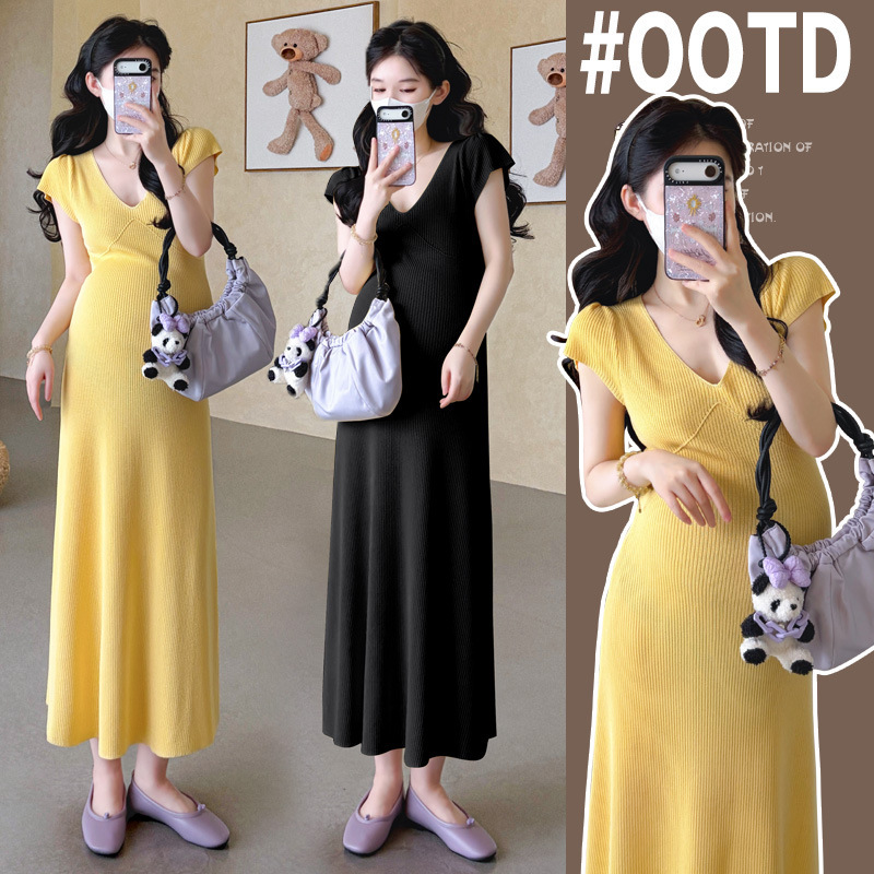 2026 Summer Thin Knitted Short-Sleeve Dress for Pregnant Women, Sexy V-Neck Korean Style Plus Size Dress That Doesn'T Show the Belly during Pregnancy 2026 Summer Thin Knitted Short-Sleeve Dress for Pregnant Women, Sexy V-Neck Korean Style Plus Size Dress That Doesn'T Show the Belly during Pregnancy