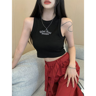 Black sports knitted tank top sleevless, with embroidery