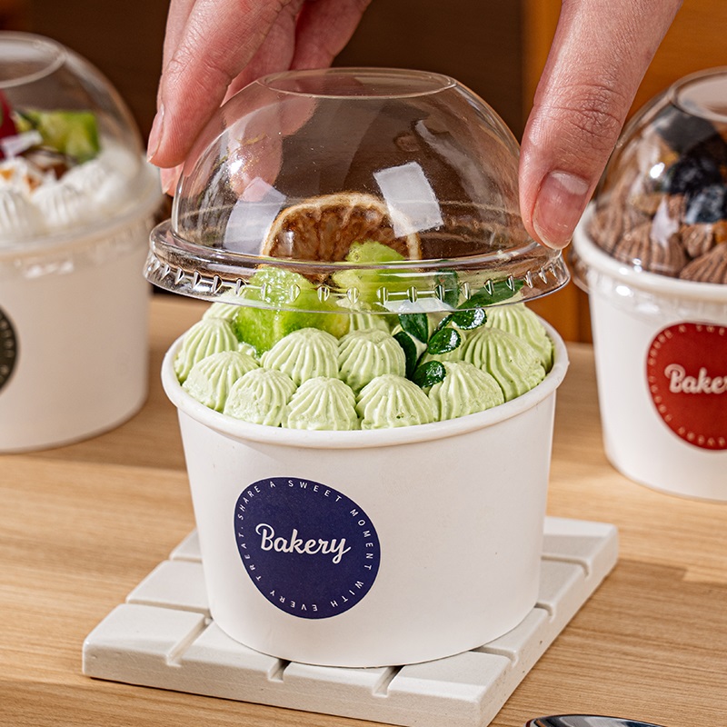 Taza de papel para pastel, taza de mousse con taza de tapa, caja de embalaje de papel para pudín, caja de postre para hornear, pequeña caja desechable