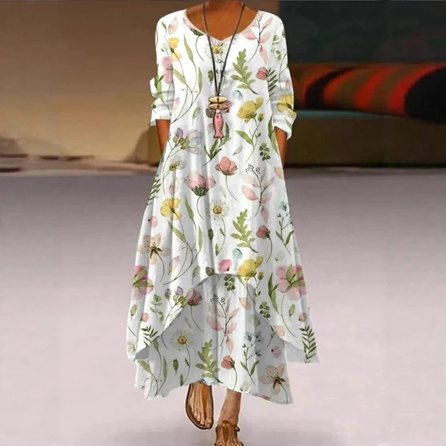 2025 European and American Fashion Amazon Independent Site Mid-Sleeve Digital Printing Round Neck Dress Long Skirt