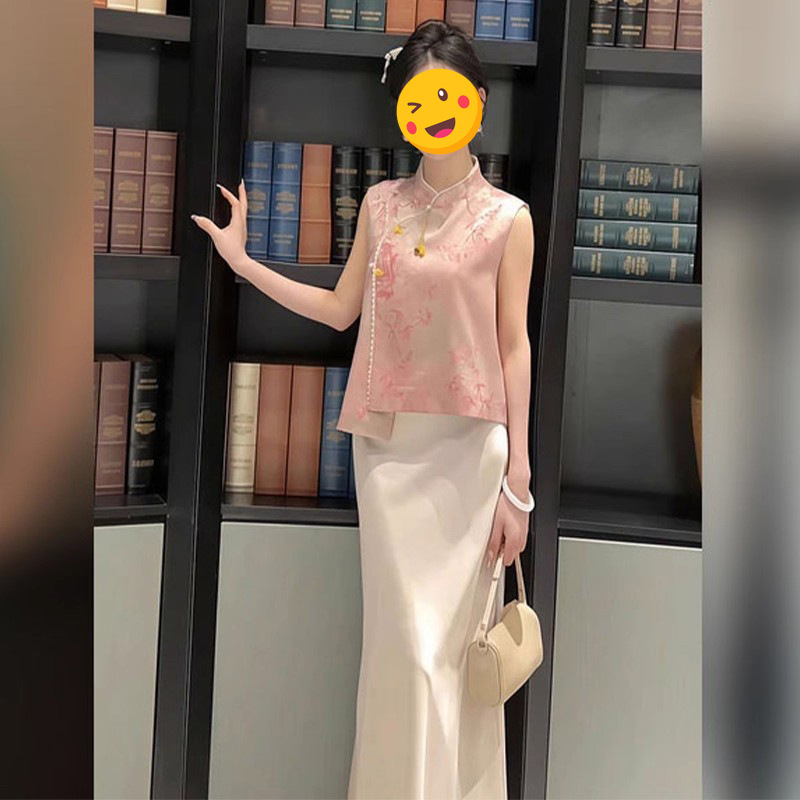 シングルピース/新しい中国風のブルーの女性の夏の新しい気質禅風改良されたチャイナドレストップスとスカートトレンディ|undefined