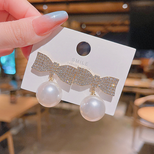 S925 Silver Needle Korean Style Exaggerated Full Diamond Bow Earrings Women's Big Pearl Personality Pendant Earrings Stud Earrings