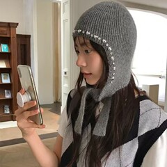 ins兔毛针织毛线帽套头沾砖护耳保暖飞行帽女甜美百搭系带雷锋帽