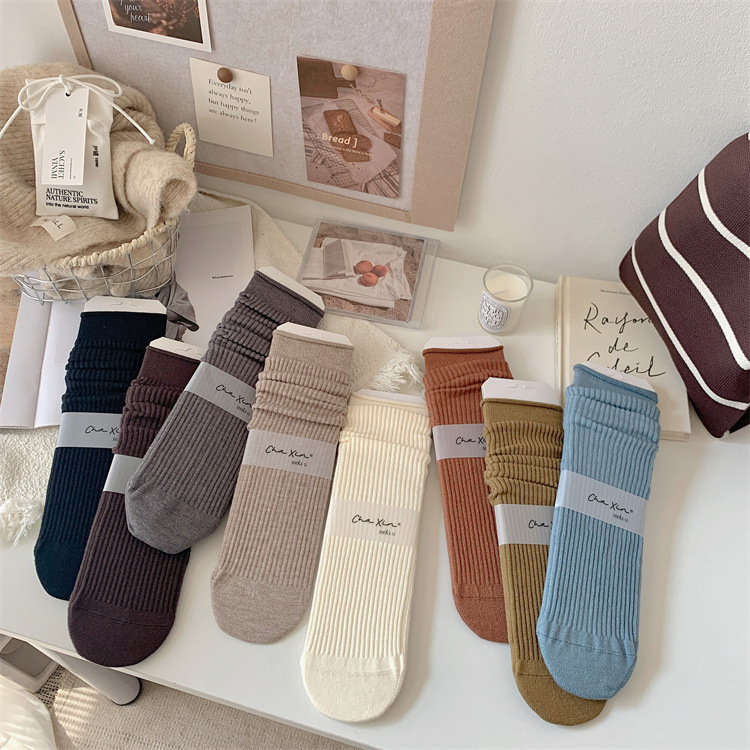 Autumn and winter New pile socks a thin velvet pit striped women's socks Japanese and Korean style soft tone mid-calf length socks