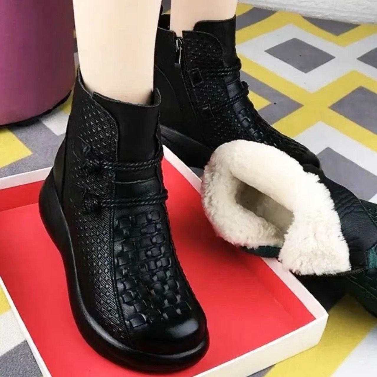 ShoeVault 2024 Short For Women Leather Round Toe Autumn Winter Soft Sole Fleece Lined Warm Mom Shoes Ethnic Style Retro Cotton_vogvips.com