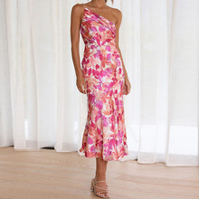 跨境2025亚马逊欧美女装通勤简约时尚气质斜领吊带鱼尾印花连衣裙