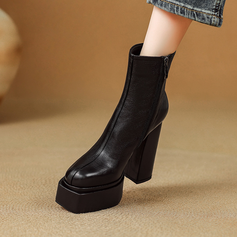 Boot nữ cổ cao ôm chân da dê mềm gót vuông đế xuồng 12.5 cm — Lớp lót nhung đen
