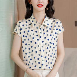 高品质舒适透气真丝衬衫女夏新款波点桑蚕丝缎面气质洋气翻领上衣