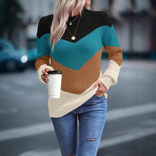Oriental and Western Spring and Autumn Color Collision Sweater, Striped Loose Casual Women's Knitted Top