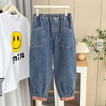 春秋200斤胖MM休闲显瘦遮肉拼色牛仔哈伦裤九分裤加大码女装4981