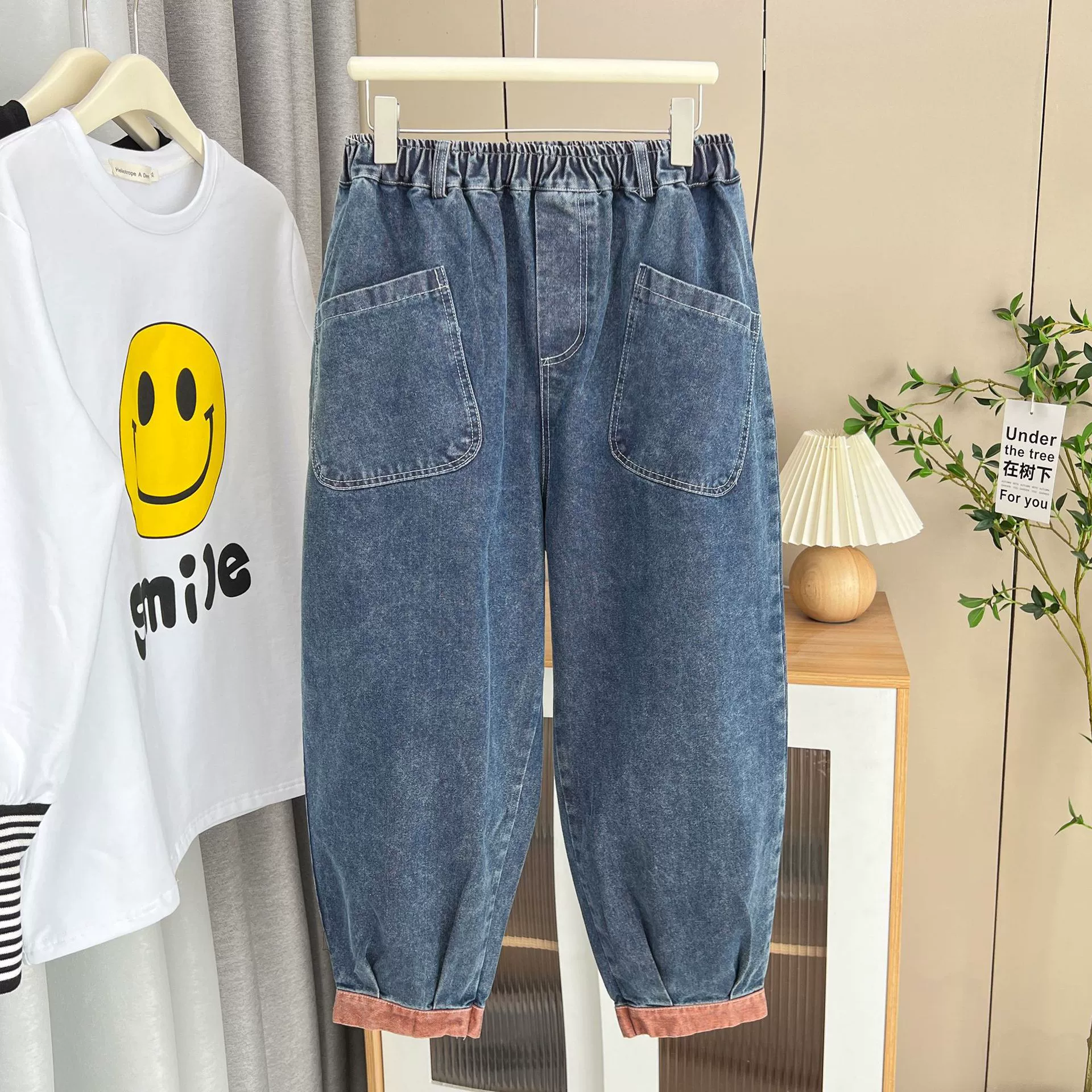 Джинсовые брюки-шаровары больших размеров на весну и осень 100kg года, повседневные, стройнящие, с цветовыми блоками, укороченные, женская одежда больших размеров 4981