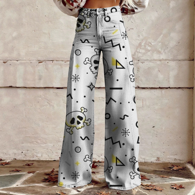 Printed Wide-Leg Faux Denim Pants for Women, Loose High-Waisted Vintage Distressed Long Pants, Trendy Street Style Digital Print 3D Printed Wide-Leg Faux Denim Pants for Women, Loose High-Waisted Vintage Distressed Long Pants, Trendy Street Style Digital Print 3D