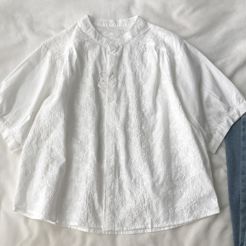 Artistic Plum Embroidered Exquisite White Loose All-match Short-sleeve Shirt Women's Summer Simple Thin Lace Cotton Shirt