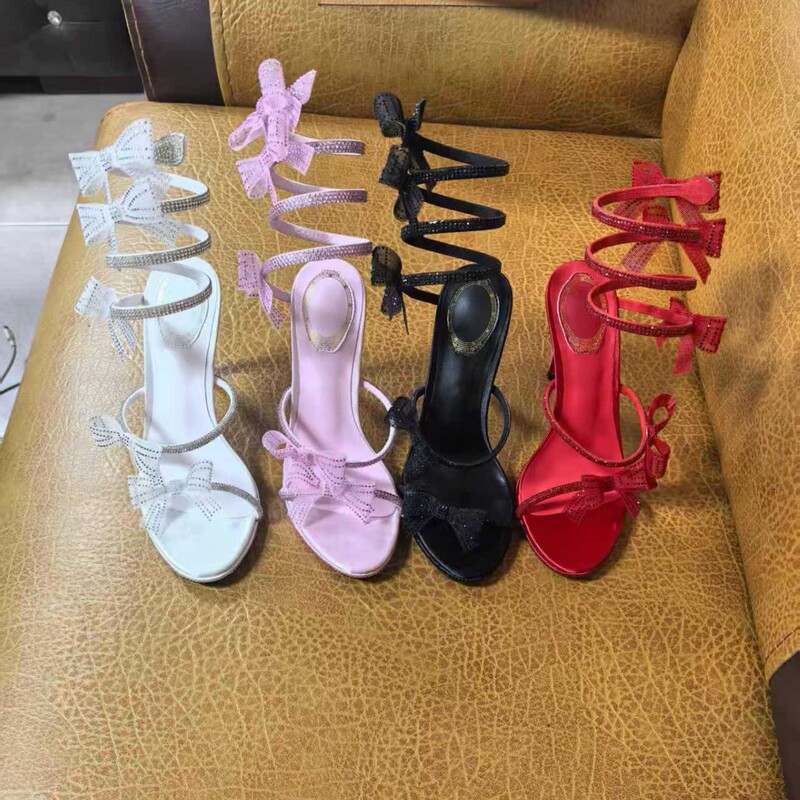 European and American 2025 New Sandals for Women with Bows, Rhinestones, Round Toes, Open-Toe High Heels, Stiletto Heels, Large Size Shoes