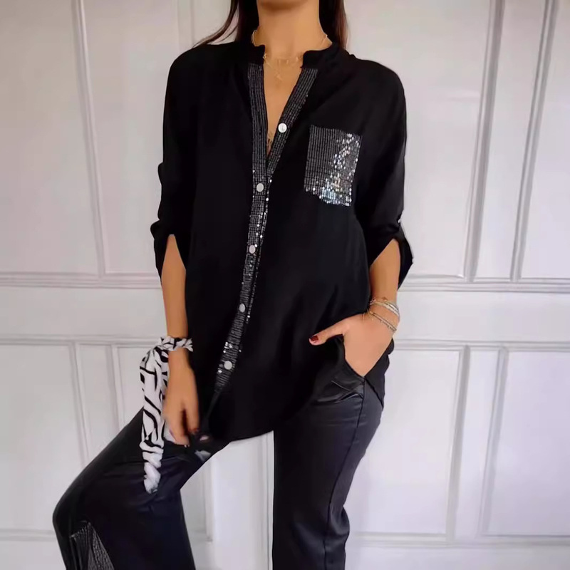 European and American Cross-Border 2024 Amazon Commuter Style Sequined Fashion Spring, Summer and Autumn Women's Shirts Slim Business