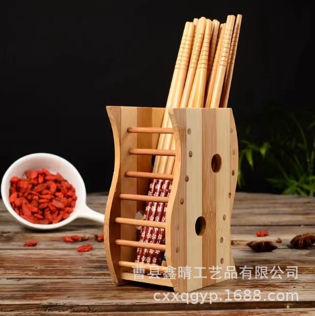 Caja de almacenamiento de vajilla de madera de bambú multifuncional, caja de cocina de madera maciza para palillos drenables, tubo de almacenamiento de cuchara de madera creativa