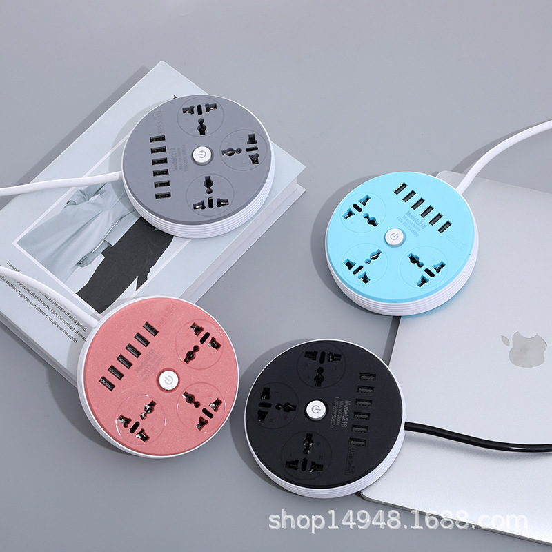6USB redondo de tres agujeros con interruptor envasado de plástico placa de conexión 3A cargador de enchufe único de comercio exterior