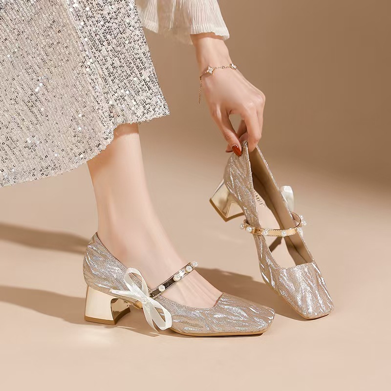 Giày cao gót nữ mũi vuông quai ngang gót 6 cm phong cách Pháp — Champagne màu