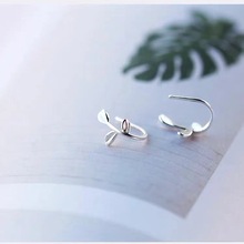 纯银耳钉女耳夹耳环耳饰S925银小清新嫩叶耳钉气质韩国个性简约
