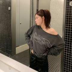 烫钻印花多穿宽松慵懒长袖T恤女秋季露肩辣妹针织上衣