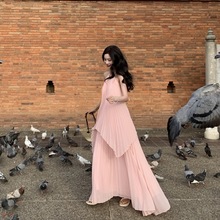 2024粉色海边度假长裙高级氛围拍照女神穿搭大摆飘逸仙气套装裙