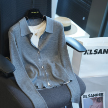 100绵羊毛经典polo领修身显瘦长袖针织开衫女上衣秋季新款G091915