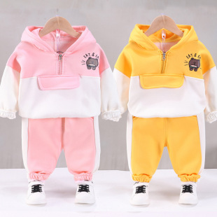 Boys' Baby's Fleece-lined Suit Spring and Autumn Children's Fleece-lined Sweater Baby Children's Hooded Clothes Boys' Suit Two-piece Suit