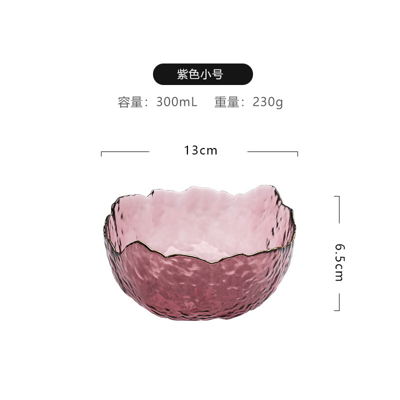 Venta al por mayor estilo nórdico patrón de martillo transparente borde dorado ensaladera de vidrio hogar plato de fruta de postre de alto aspecto vegetal