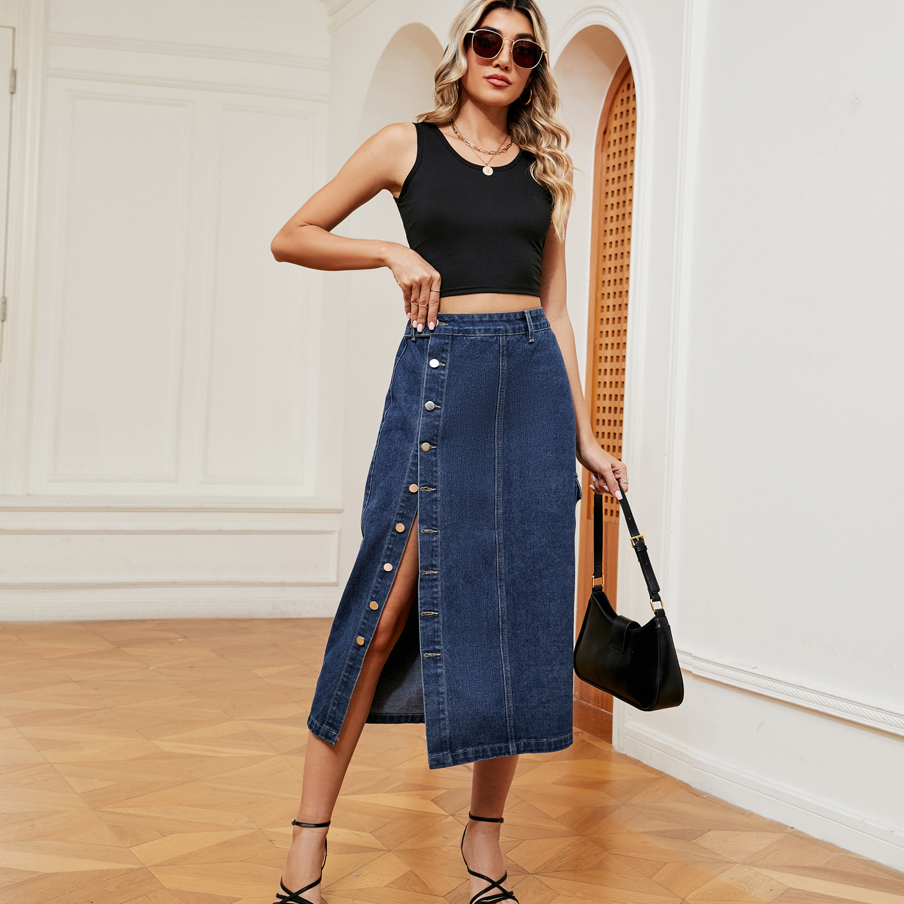 Denim Fabric Type Spring Autumn Streetwear Solid Color Denim Midi Dress Skirts