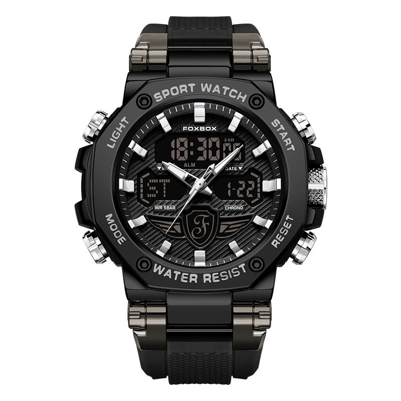 FOXBOX Reloj electrónico de doble pantalla para hombre Reloj electrónico impermeable Reloj despertador cronógrafo luminoso Reloj deportivo para estudiantes 0062