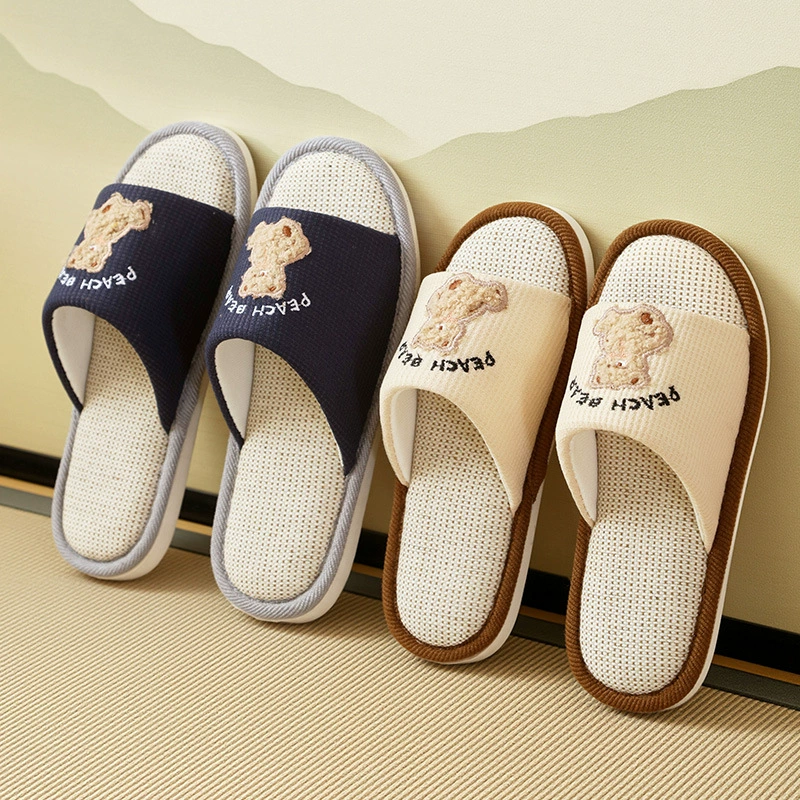 Мультяшные льняные тапочки мужские весенне-осенний бесшумный интерьер дышащий дом милые открывающаяся хлопчатобумажные тапочки женские зимнее лето