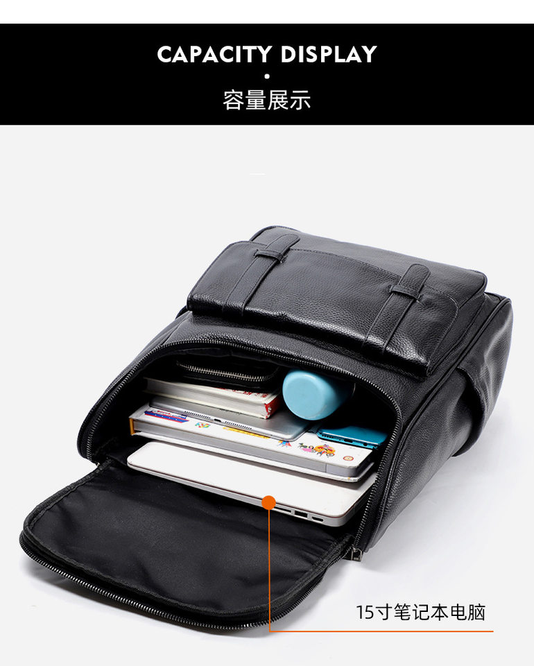 Ba lô da bò lớp đầu da thật 42×15×30 cm, túi đựng laptop dung lượng lớn đa năng đi du lịch ngoài trời — Màu đen chi tiết 7