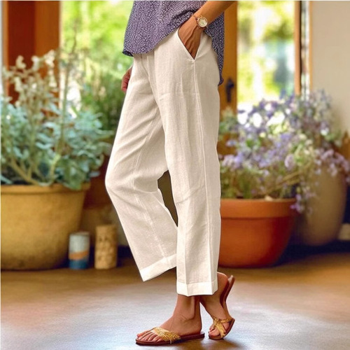 eBaywish Spring New Solid Color Cotton Linen Stretch Waist Loose Casual Wide Leg Pants for Women